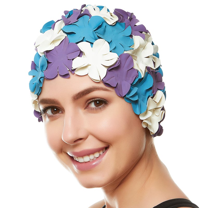 BEEMO Floral Petal Ladies Bathing Swim Cap - Purple/Blue/Whte - Image 1